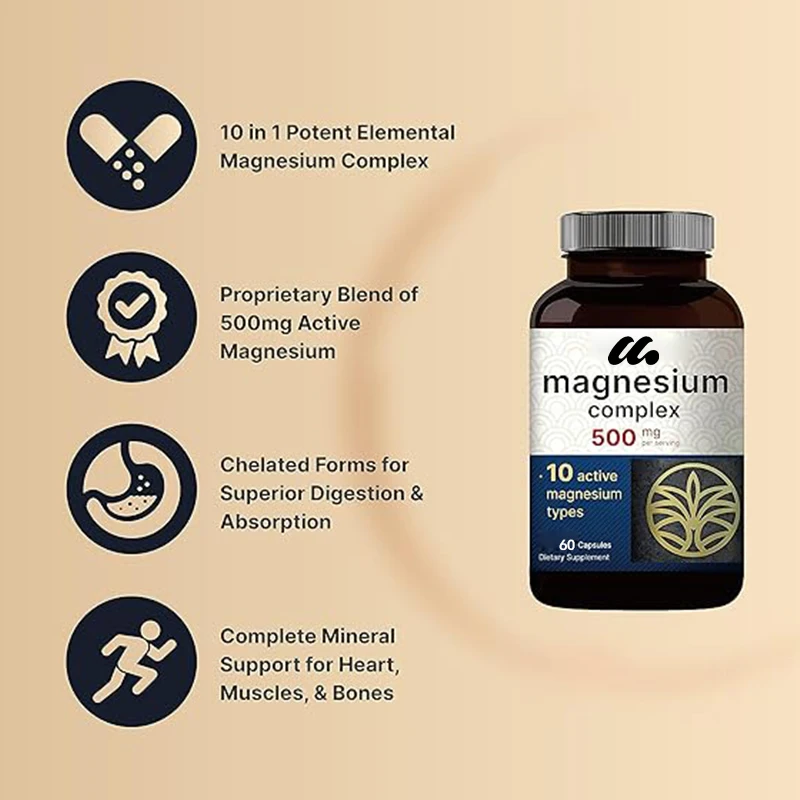 Magnesium composite supplement, 10 active forms - glycine, citric acid, taurine, and other bone, heart, and muscle support