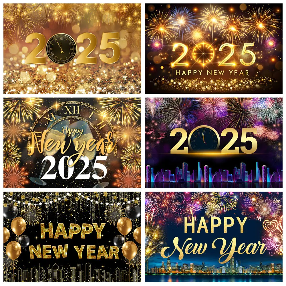 Happy New Year Backdrop for Photography Fireworks Clocks Champagne 2025 New Years Eve Family Party Decor Background Photo Studio