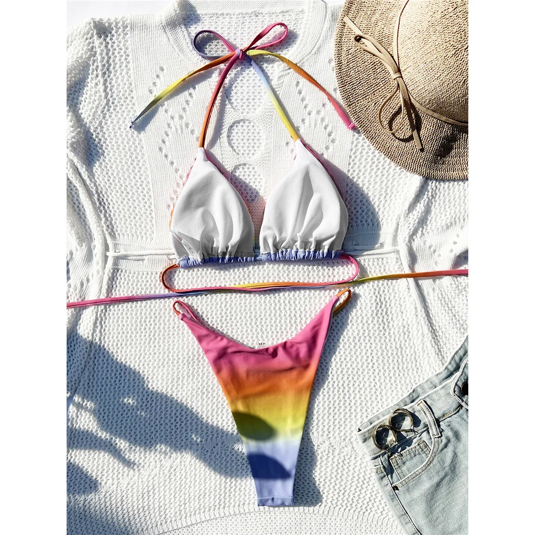 Bikini-Set mit Wickel-Design, farbenfrohem Neckholder-Ausschnitt und hohem Beinausschnitt, Damen-Badebekleidung, zweiteiliger Bikini, Badeanzug, Badebekleidung, Modell V5352. – Detail 10