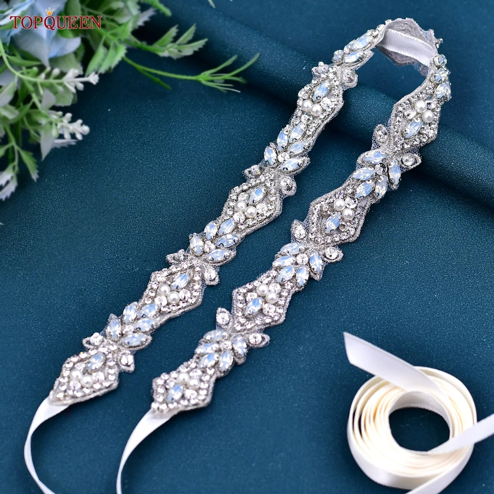 

TOPQUEEN S485 Luxury Rhinestone Belt Silver Opal Pearl Jewel Sash Shiny Women Wedding Dress Accessories Bridal Bridesmaid Belt