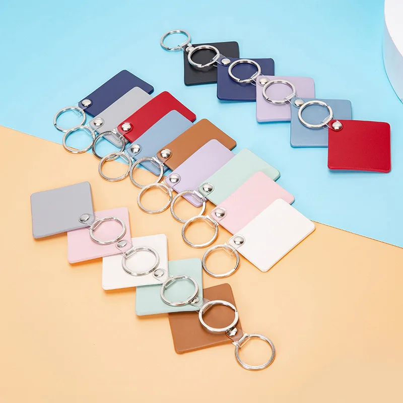 10PCS 50mm Pu Leather Square Rectangle Double-sided Keychain  Can Print Logo Simple Car Key Chain Pendant For Free  Shipping