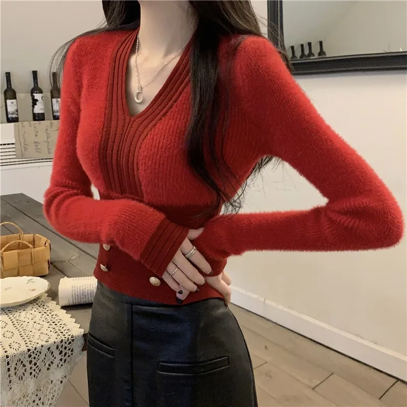 Spring V-neck Sexy  Multi-button Long-sleeve Sweater Women 2024 Autumn New Korean-style Solid Color All-match Knitted Crop Tops