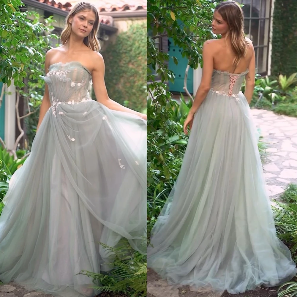 

Customized Yipeisha Classic Modern Style Formal Evening Strapless A-line Appliques Tulle Bespoke Occasion Dresses