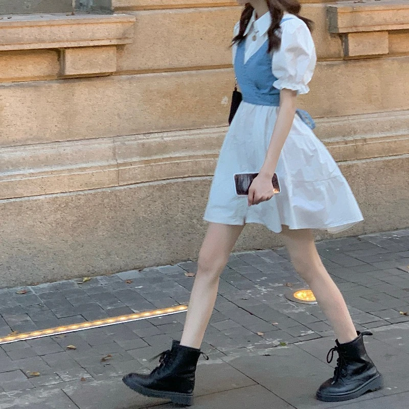 

Fashionable Women's Summer Outfit with Puffy Sleeves White Shirt Dress And Denim Strap Vest Two-Piece Set Cotton Blend