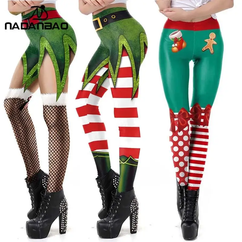 NADANBAO świąteczne legginsy Elf damskie kostium karnawałowy Xmas seksowne rajstopy prezent świąteczny spodnie 3D wzór Streetwear ubrania Fitness