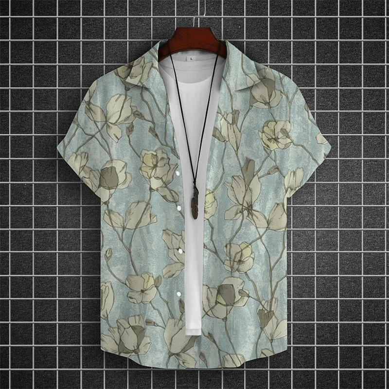 Simple Hawaiian Men\'s Beach Shirts 3d Flower Print Summer Casual Short Sleeve Daily Street Tops Tees New Fashion Men Clothing