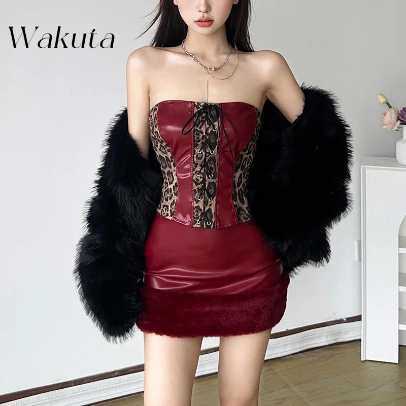 WAKUTA Sexy Bustier Strapless Colorblocking Undershirt Top Simple High-waisted Hip Half-body Skirt Christmas Cocktail Party Sets