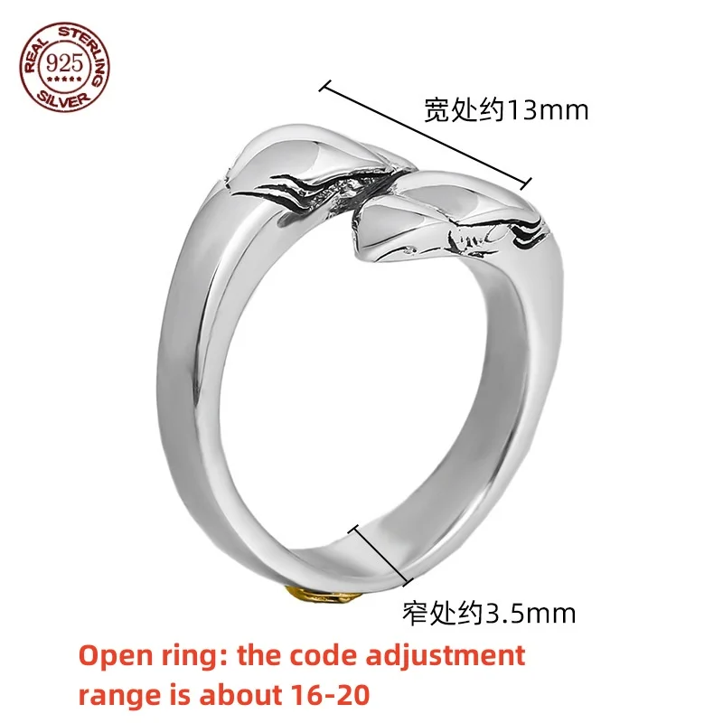 S925 Sterling silver personality double head Eagle Open Ring men's and women's fashion trend Flying Eagle Point Gold Ring