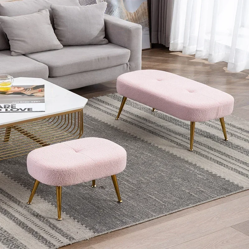 Modern Velvet Ottoman Bench Upholstered Footrest for Living Room Pink Bench with Gold Metal Legs and Padded Seat Velvet