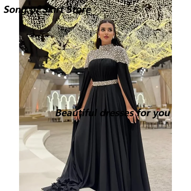 Vestido de noche de lujo personalizado, cuello alto, manga larga, gasa de cristal, línea A, vestido de fiesta Formal, vestidos de graduación árabes, bata de velada