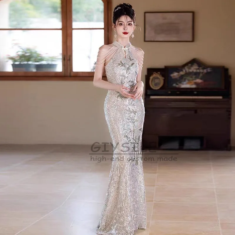 

GIYSILE Customized Hanging Neck Tassel Sequined Evening Dress with High Sense of Luxury and Beauty Fishtail 2025 New Zipper Back