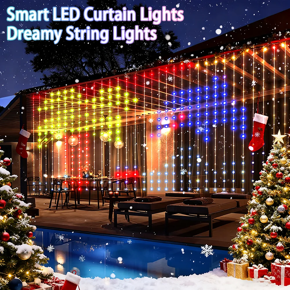 400LED Smart Curtain Lights, RGBIC Color Changing Christmas Lights String Dimmable DIY Patterns with Music for Bedroom Courtyard