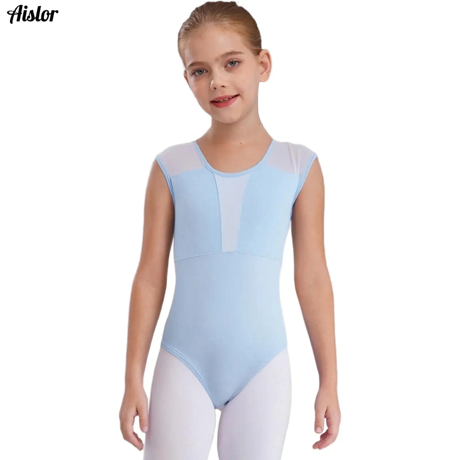 Dziecięcy strój do baletu dla dziewczynek, okrągły dekolt, odkryte plecy z dziurką, zatrzaski, siateczkowe wstawki, body gimnastyczne, odzież taneczna.