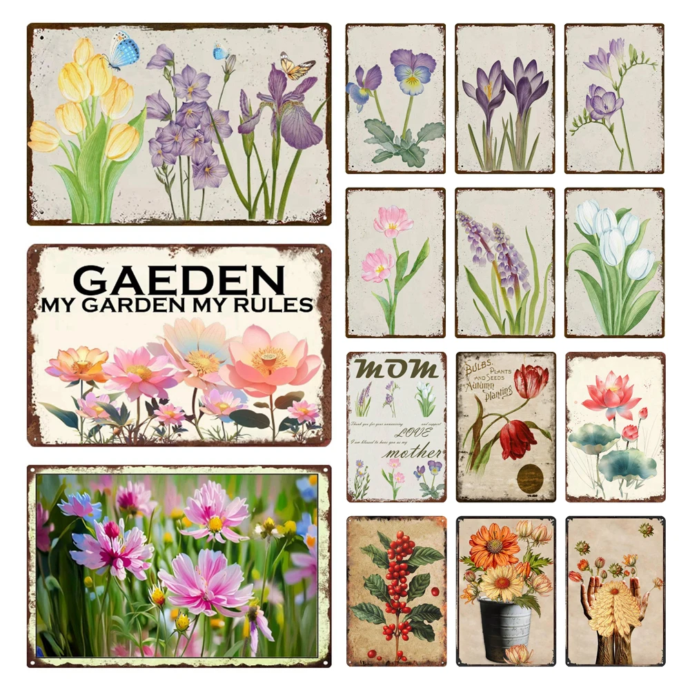 Vintage Flowers Metal Poster, Retro Plants Metal Tin Sign, Butterfly Garden Rules, Wall Art Decor, Living Room Plates WY294