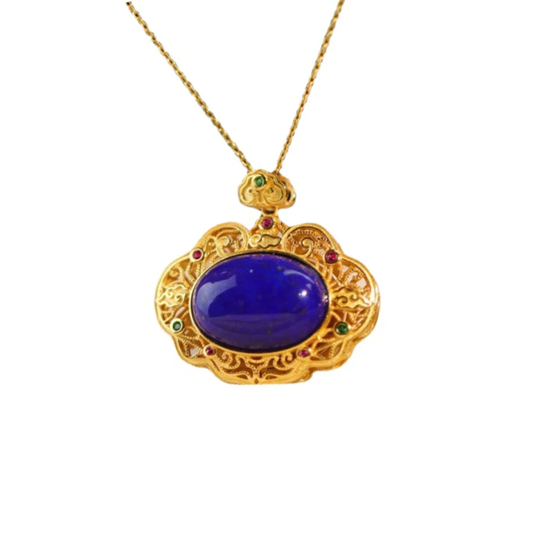 Classical lapis lazuli necklaces High sense Elegant simple ancient gold craft Hollow crystal dark blue pendant Fashion jewelry view 6