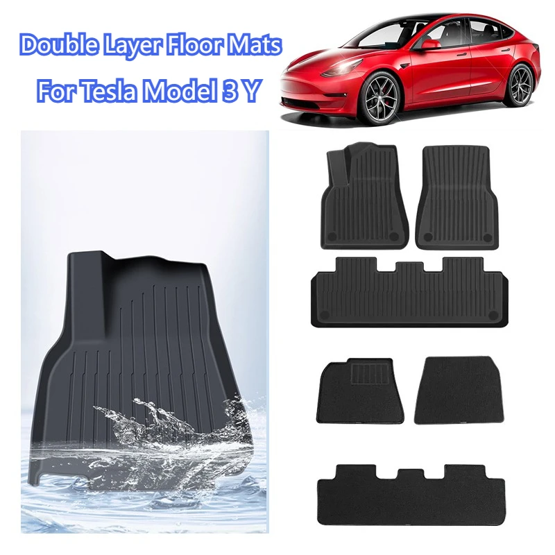 

6 шт. для Tesla Model 3 Model Y двухслойные напольные коврики 3D TPE Menis ковер бархатные водонепроницаемые моющиеся двухслойные автомобильные напольные подушечки