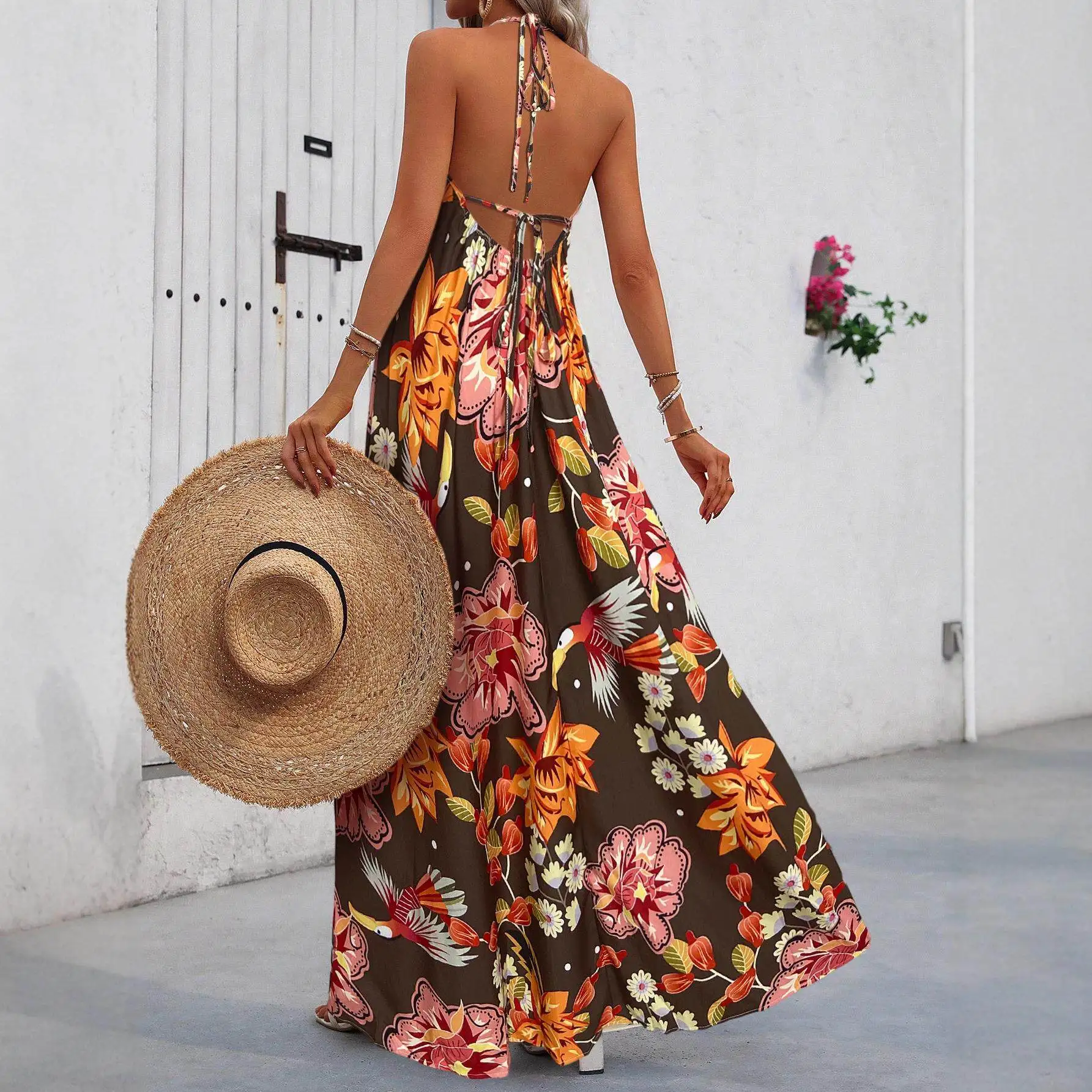 

Spring Summer New Style Vacation Floral Casual Long Dress Women's Strap V-Neck Shoulder Bared Elegant Beachwear Autumn Sleeve...