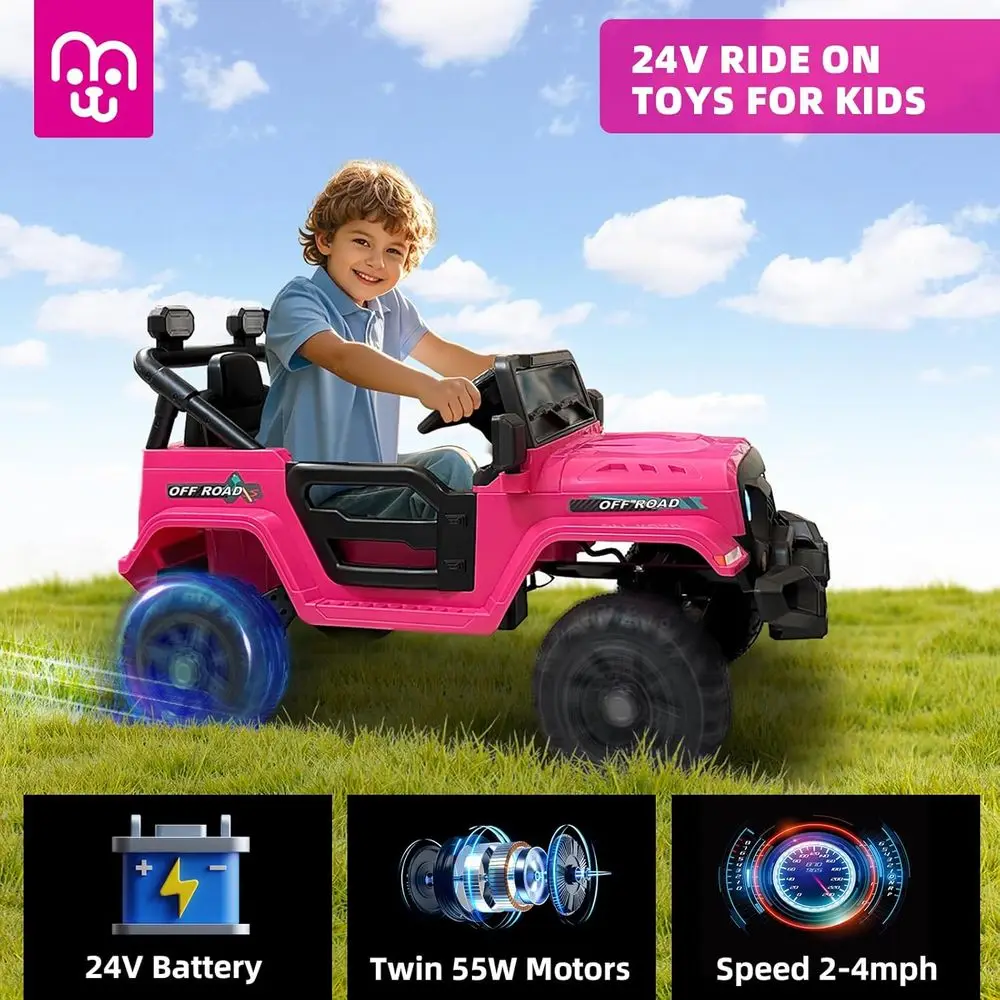 Voiture de camion électrique pour enfants 24V avec télécommande, moteurs doubles 55W, vitesse maximale de 4MPH, lecteur de musique Bluetooth, suspension à 4 roues