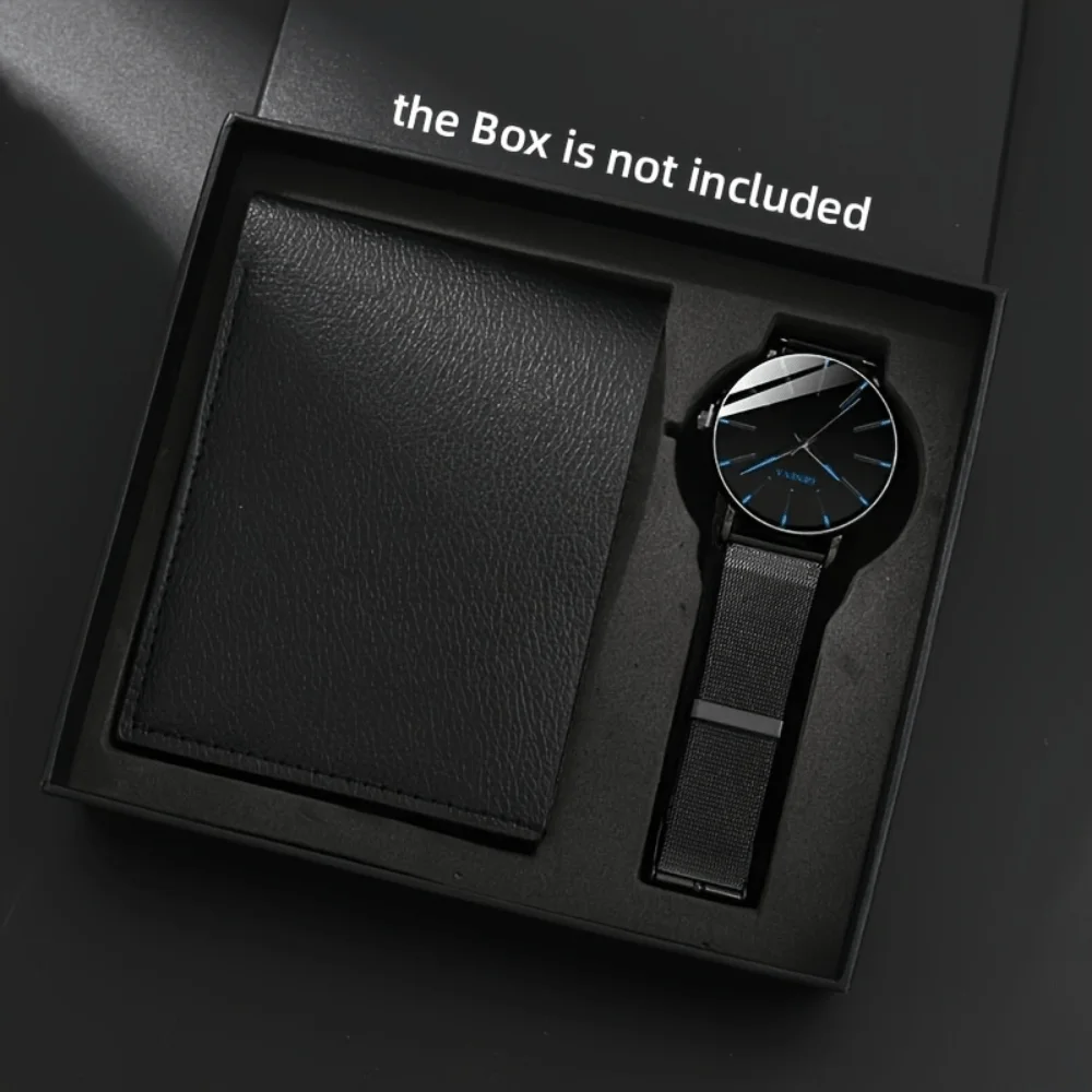 

2 шт./компл. мужские модные деловые сетчатые кварцевые часы из искусственной кожи с ремнем и кошельком, подарок на день отца