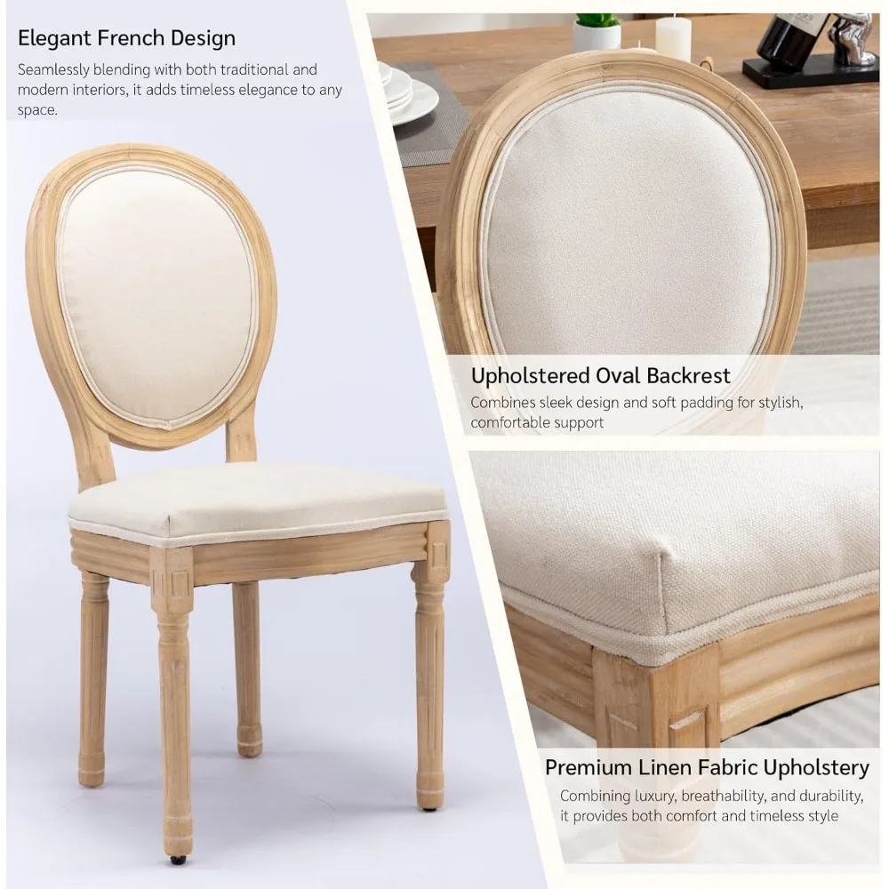 مجموعة كراسي تناول الطعام في الريف الفرنسي مكونة من 2، كراسي طعام خشبية عتيقة مع مقعد منجد من القماش ومسند ظهر بيضاوي وأرجل من الخشب الصلب&F #5