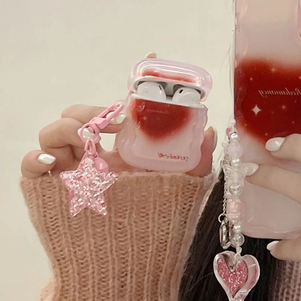 INS Korean Aesthetics Gradient Red Love Heart Earphone Case Sequin Star Pendant For Apple Airpods 1 2 Pro 3 Clear Protective Bag