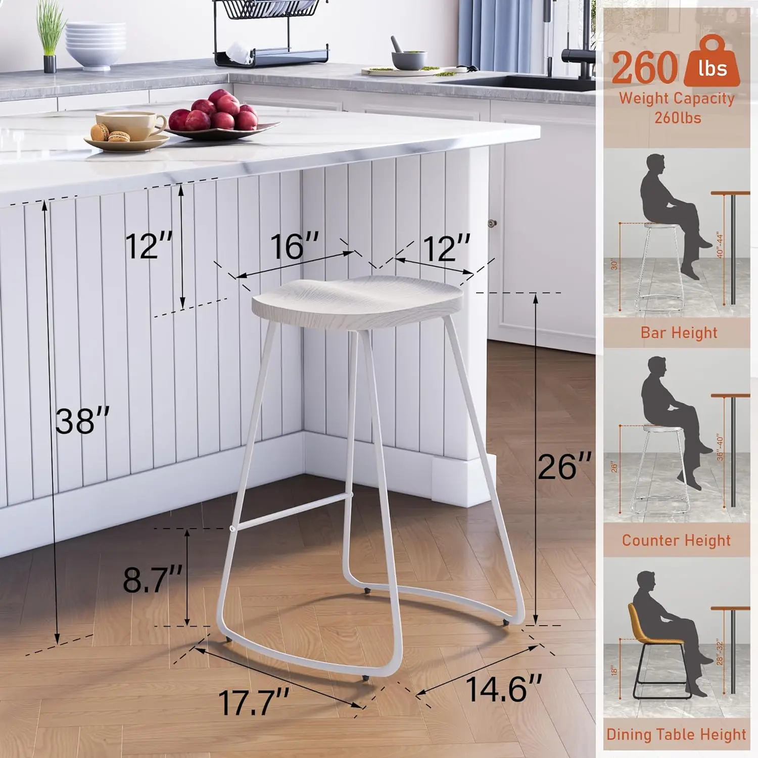 Bar Stools, Saddle Seat Bar Stools with Metal Legs, Rustic Backless Counter Height Stools, Industrial Wood Counter Stools