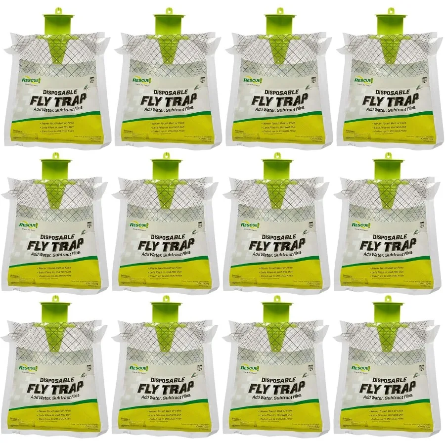 RESCUE! Outdoor Disposable Fly Trap Hanging Fly Catcher Attractant Bait Fly Bag for Patio Yard Trash Farm Areas Easy 12 Traps