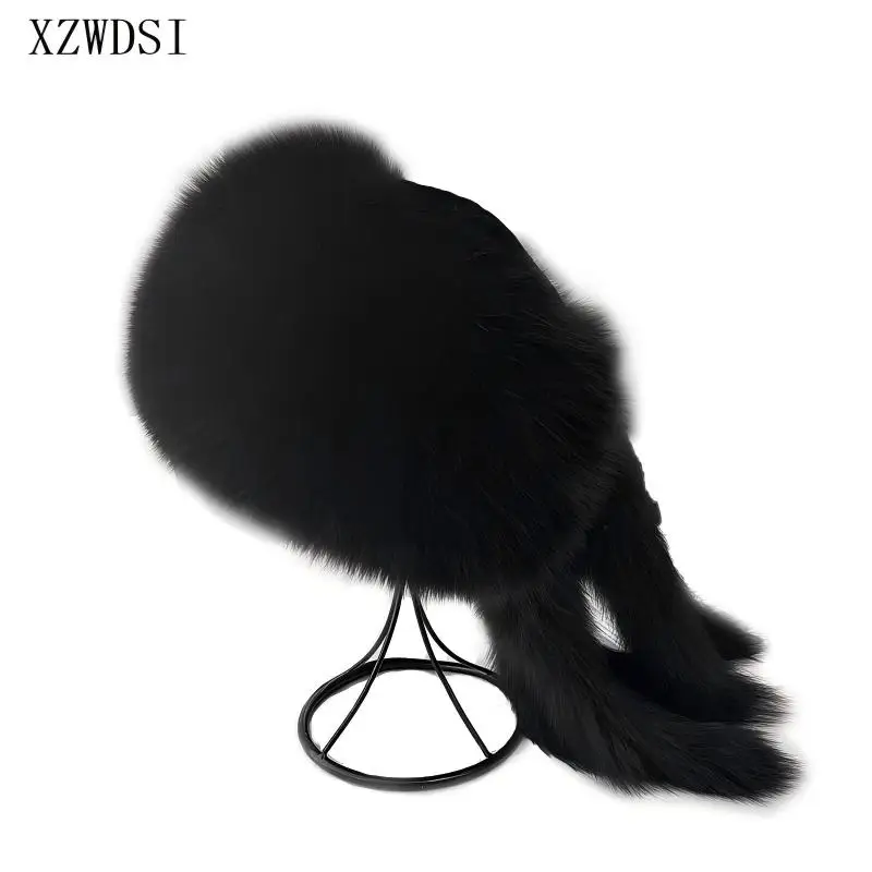 Winter Women Fashion Real Fur Hat Natural Fox Fur Hats Headgear Russian Outdoor Cap Ladies Thicken Warm Fur Caps