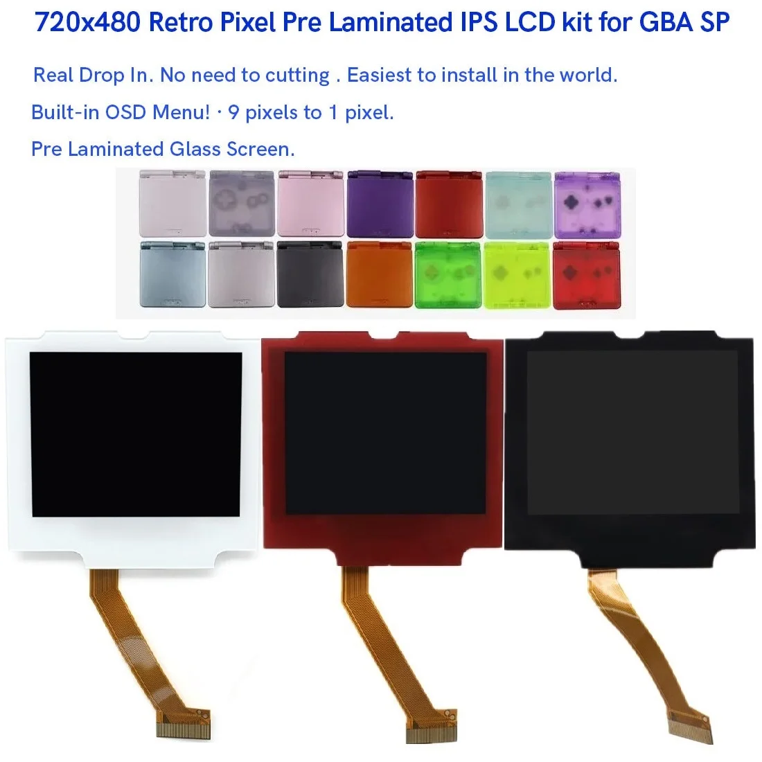 

Black/White/Red Lens-- 3.0'' Drop in Pre-Laminated 720x480 Pixel V5 LCD Kit+Shell For GBA SP