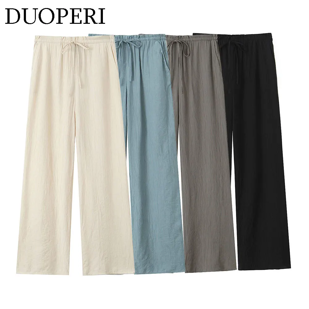 DUOPERI Women Fashion Solid Textured Straight Trousers High Elastic Waist Full Length Female Chic Lady Casual Long Pant