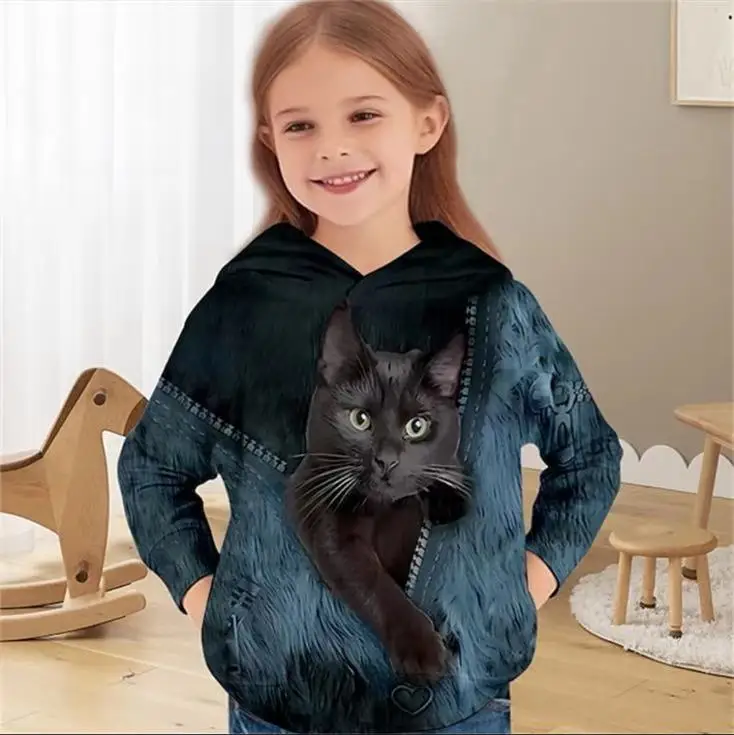 Kitten Hoodie Thermal Jumper 3D Digital Printing Autumn and Winter New Girls' Children's Clothing Suitable for 4 To 14 Years Old