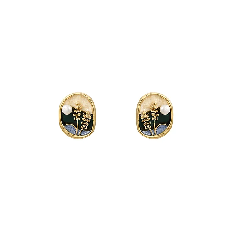 Monet Garden Imitates Baroque Pearl Oil Painting Style Stud Earrings For Women\'s High-end Jewelry Retro Accessories For Summer