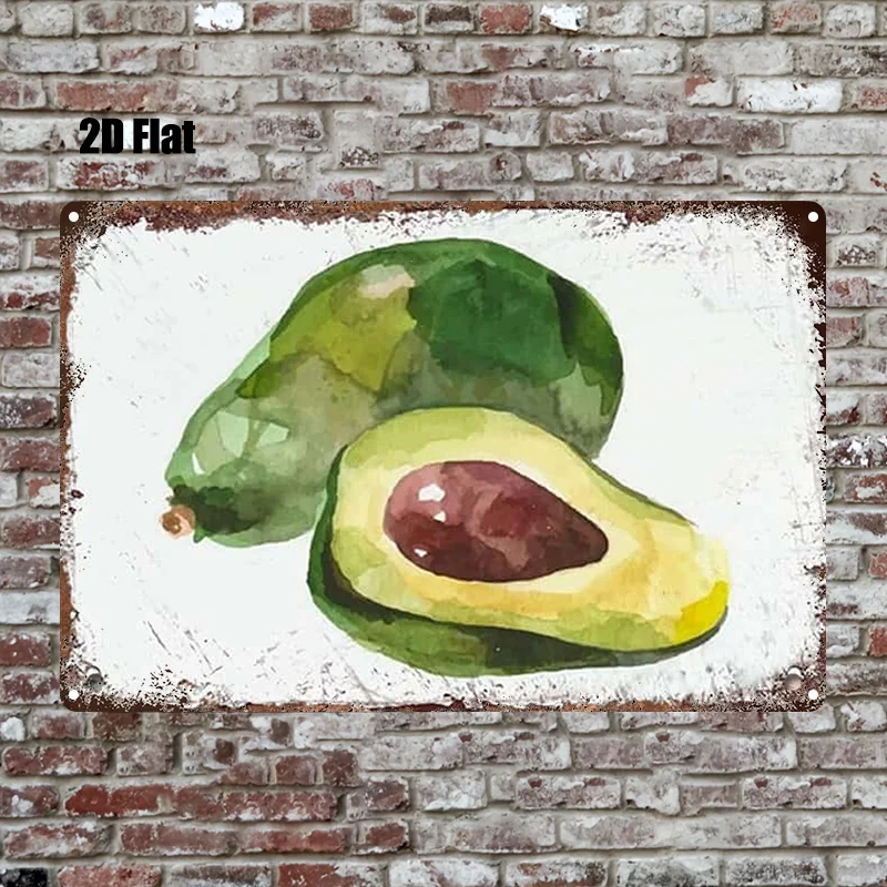 2D Flat, 1pc, Metal Sign, Watercolor Style Avocado Tin Plate Painting Decoration, 8X12 Inches (20X30 Cm) Iron Sign, Indoor Wall