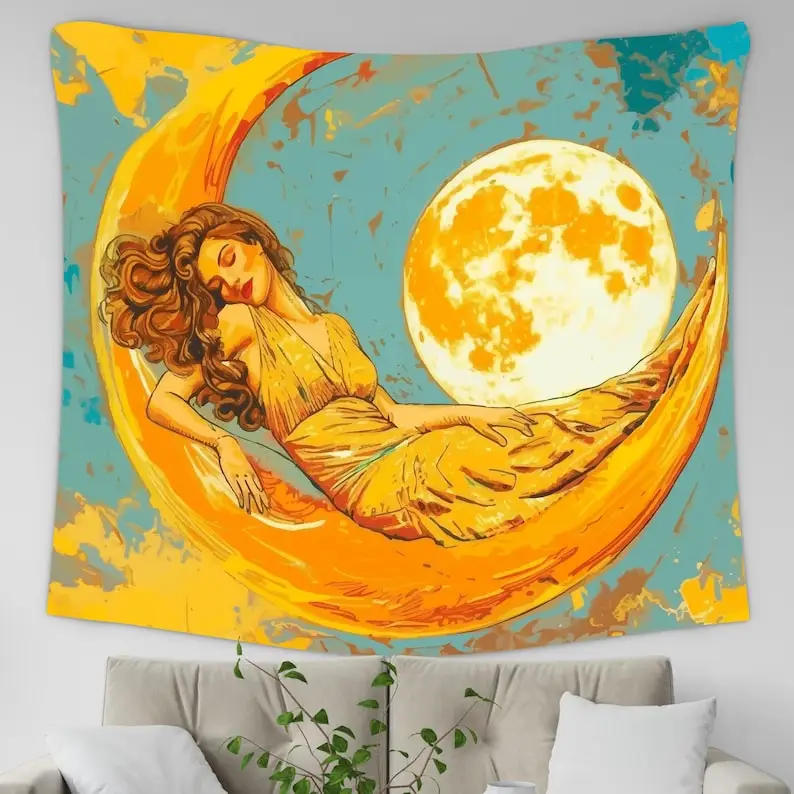 Moon goddess tapestry celestial woman sleeping on crescent moon cosmic art bedroom wall hanging mystical decor