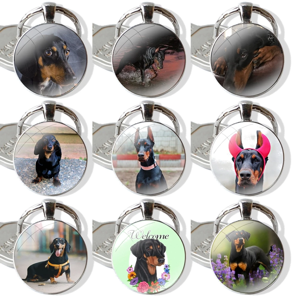 Keychain Handmade Glass Cabochon Key Ring Holder Pendant Key Chains black Dachshund Doberman Dog face