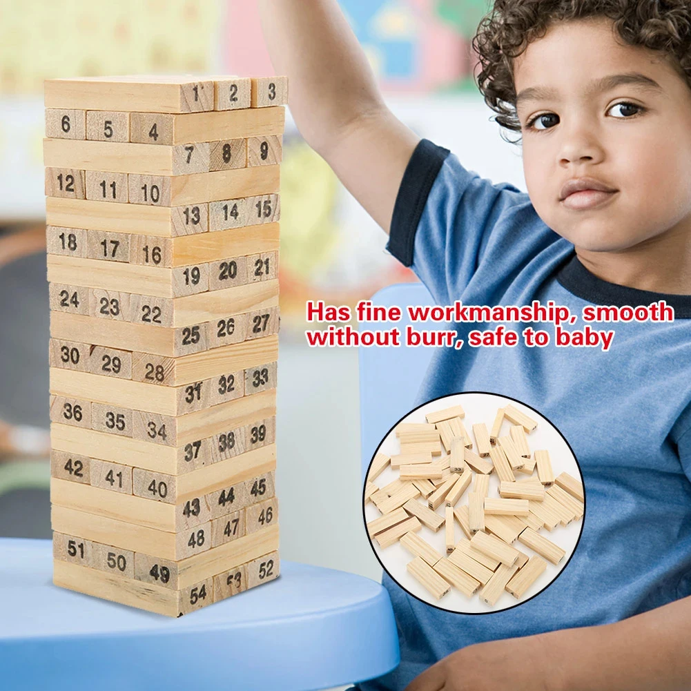 Wooden Blocks Stacking Game 54pcs Wooden Numbered Building Blocks With 4 Dices For Boys Girls Children