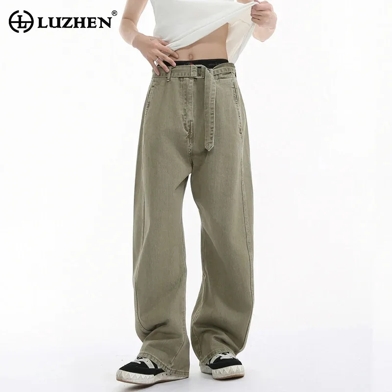 

LUZHEN Color Straight 2025 Loose New Casual Denim Solid Pants Men Stylish High Quality Belt Decorate Wide Leg Male Jeans JY2662
