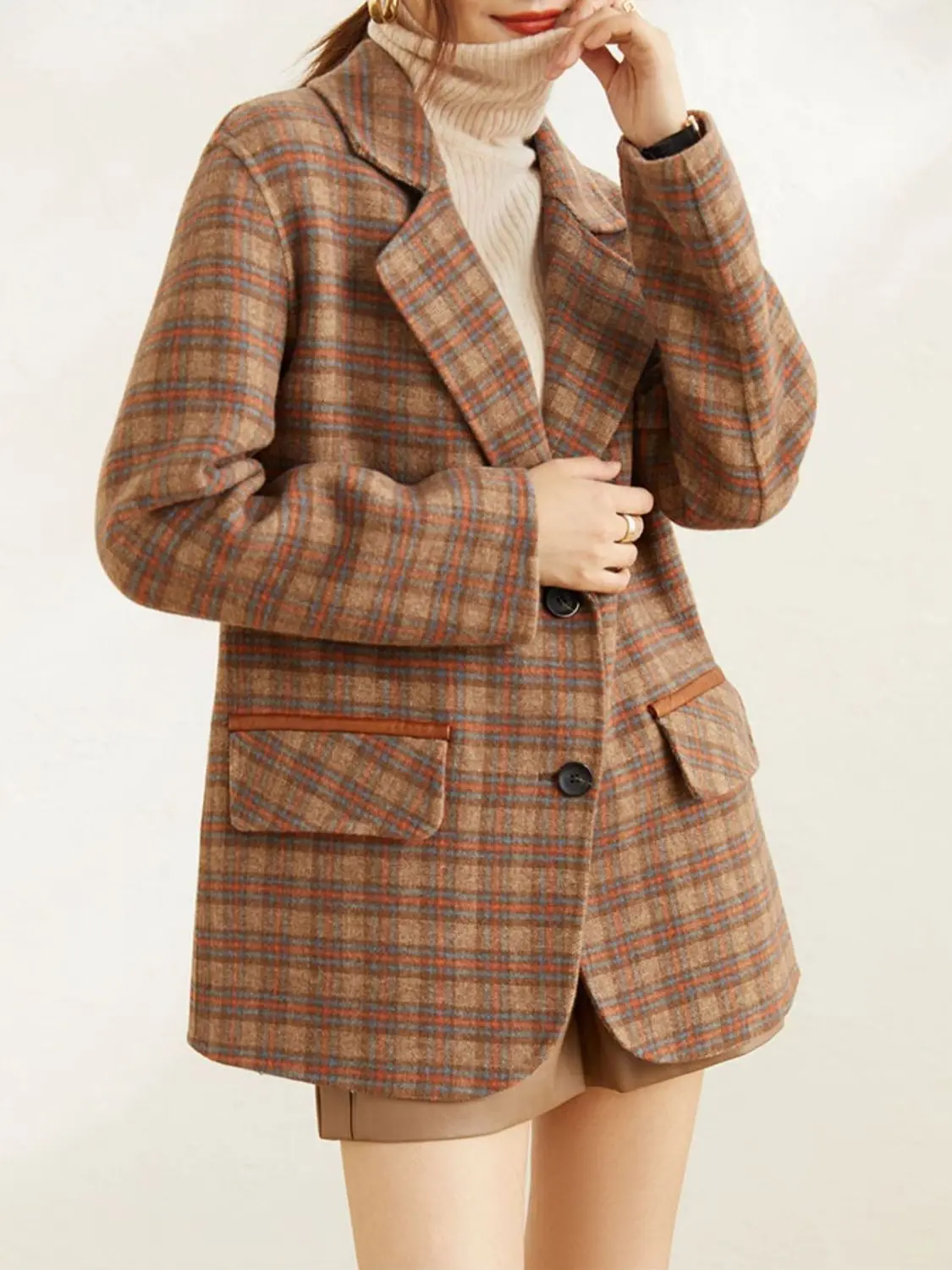 سترة نسائية جديدة منقوشة معطف البدلة سترة النسخة الكورية فضفاضة تناسب المرأة الراقية تقليد الكشمير