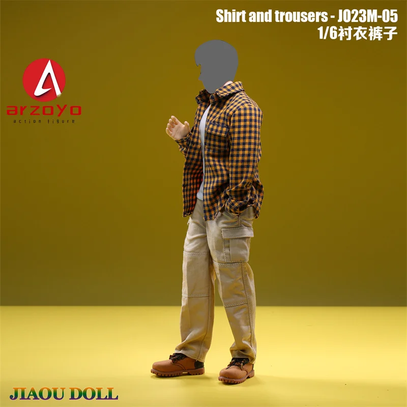 JO23M-05 1/6 Scale Male Plaid Shirt Stripes Shirt Solid Color Trousers Pants Clothes Model Fit 12'' Soldier Action Figure Body