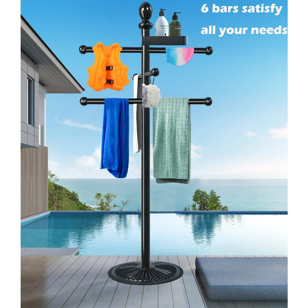 Outdoor Pool Towel Rack, Never Tilt Metal Heavy Duty Pool Accessories with Heavy Metal Base, 6 Bars Hot Tub Accessories Towel