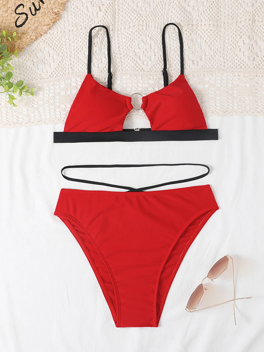 Hollow Out Bikini 2024 Women Ring Link Swimsuit Solid Padded Swimwear Female Bathers BathingSwimming Swim Suit Beachwear