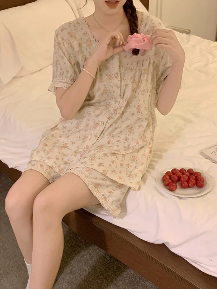 Cute Sweet Print Soft Floral Summer Flowers Short Sleeve Coolness Pajama Set Women  Cotton Elegant Casual Holiday Sleepwear Ins