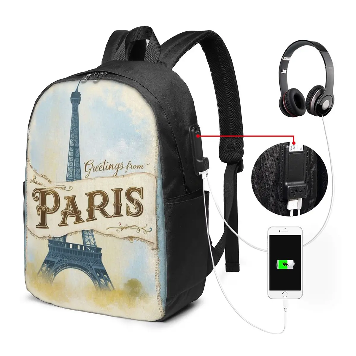 Vintage Paris Postcard Eiffel Tower Backpack Travel Notebook Bag Computer College Student School Bag Laptop Shoulder Bags