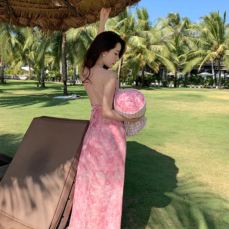 Beach Style Pink Floral Chiffon Dress Women 2022 Summer New High Waist Strapless Backless Dresses for Seaside Female