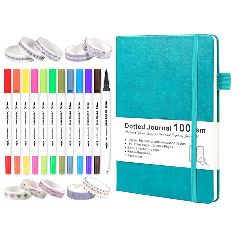 Bullet Dotted Journal Kit Set Dual Tip Brush Markers, Washi Tape And Stencils For Women, Men And Teen, Green