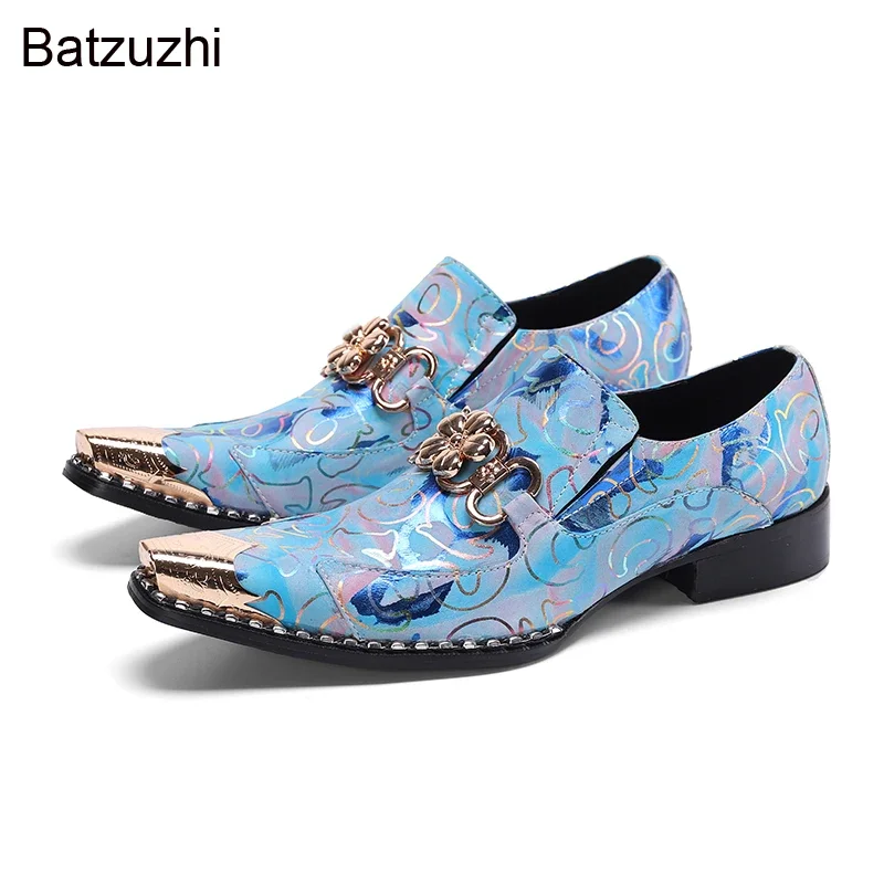 

Batzuzhi Brand New Shoes Men Pointed Metal Toe Blue Genuine Leather Dress Shoes Men Slip on Oxfords Party/Wedding Zapatos Hombre