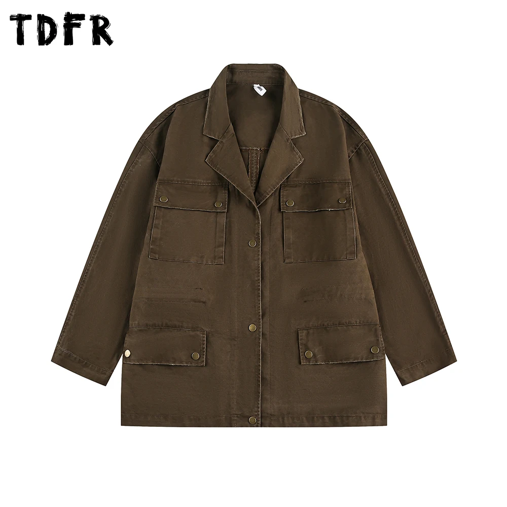 

Multi-Pocket Cargo Jacket Mens Ripped Retro Safari Style Autumn Lapel Long Sleeve Single Breasted Long Outerwear Man