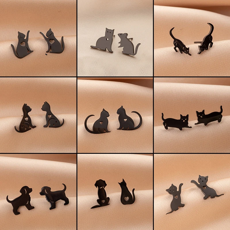 Asymmetry Stainless Steel Cat Mouse Dog Earring for Women Cute Animal Ear Jewelry Girls Student Daily Pet Earrings Accessories