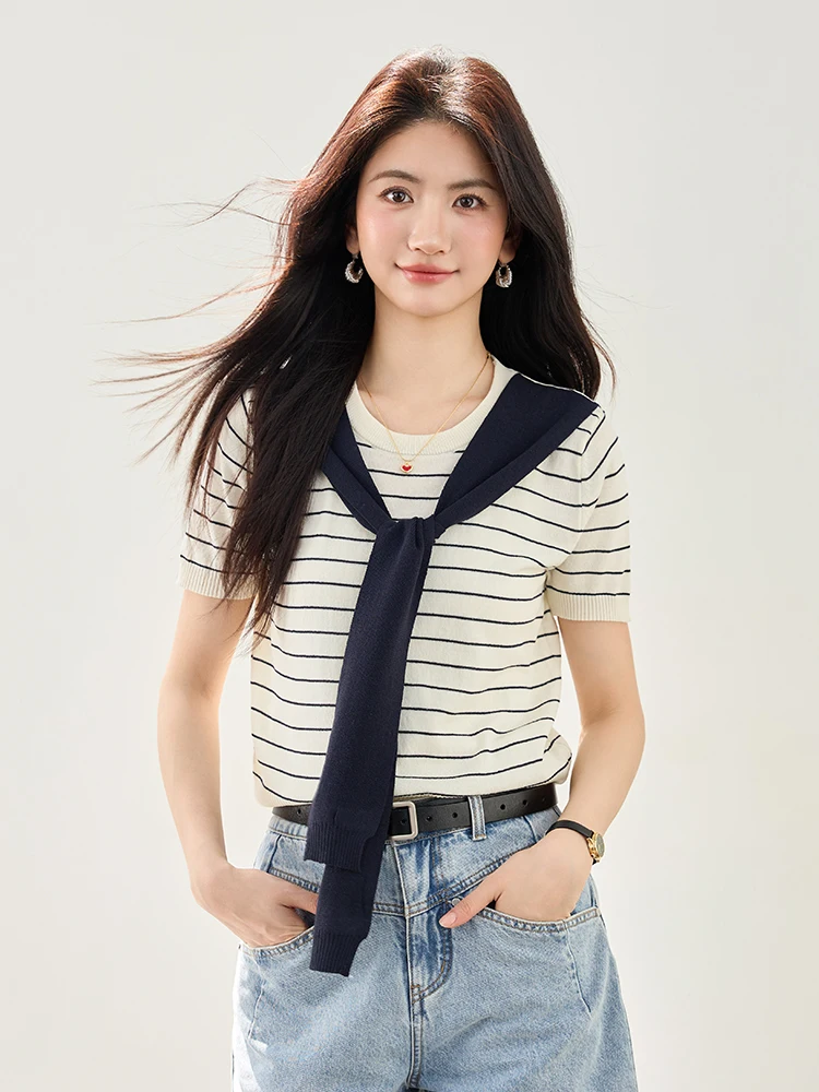 韓国製スレアイスシルクニット、オルトスヴェアール、レディースサマーベース、イートフェイクツーピースセット、カジュアルルーズフィットストライプトップ