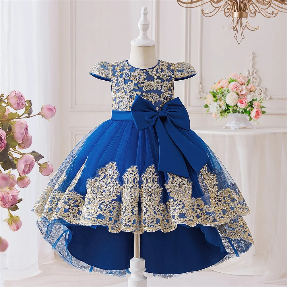 

Girl Embroidery Bow Mesh Ball Gown Elegant Princess Wedding Childrens Birthday Fashion Party Piano Performance Costume
